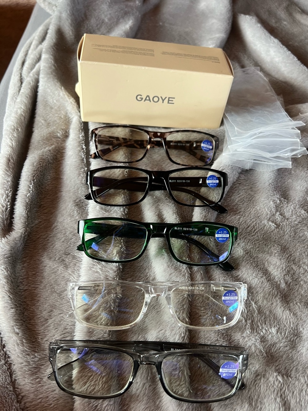 Gaoye 5 Pair of New Blue Light Filter, +1.25 Magnifying Glasses.